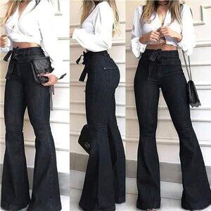 Black High Waist Bell Bottom Flare Jeans Wide‎ Leg Belted Bow Denim Pants